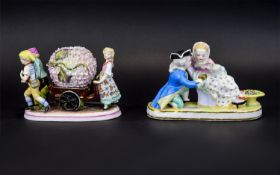 Two Meissen Style Figure Groups, one showing a very young couple in a romantic pose, the girl seated