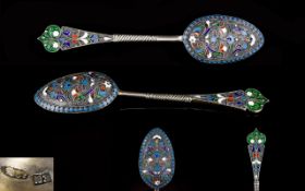 Mikhail Zorin Imperial Russian Superb Solid Silver And Cloisonne' Enamel Spoon An exquisite example