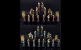 Emperor and Empress Chinese Hand Painted Resin Figural Chess Set. Complete - 32 Pieces In Total.