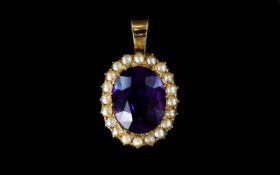 Antique Period - Excellent Quality 14ct Gold Oval Shaped Amethyst and Seed Pearl Pendant Drop,