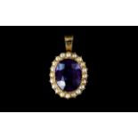 Antique Period - Excellent Quality 14ct Gold Oval Shaped Amethyst and Seed Pearl Pendant Drop,