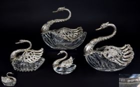 Elizabeth II Superb Quality Full Set of ( 4 ) Four Family of Swans - Silver and Cut Crystal Figural