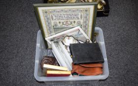 A Box Of Assorted Collectables Including Oriental Figure And Plate, Oil Lamp,