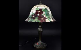 Tiffany Style Table Lamp. Leaded Shade & Base Modelled In The Form Of A Tree.