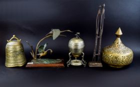 A Collection Of Decorative Metal Items Five in total to include Oriental brass bell,
