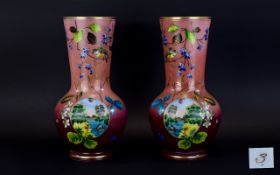 Two Victorian Opaline Glass Vases painted floral aesthetic decoration with two panels with Lakeland