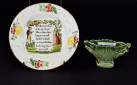 Small Antique Tin Glaze Shallow Dish, Moulded And Painted Floral Border With Verse To Centre,