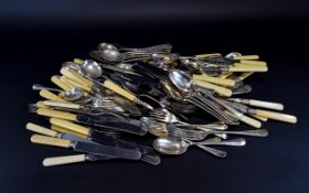 Box of Assorted Flatware to include a good selection of bone handled and scroll leaf handled knives,