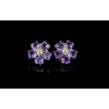 Amethyst Flower Cluster Stud Earrings, each earring made up of five deep rich purple, heart cut