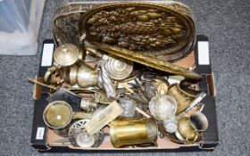 A Box Of Assorted Metal Ware And Brass Ware including a Silver Plated tray, Eagle figure Flatware,
