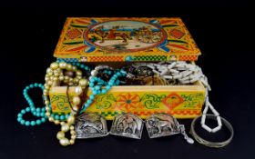 A Collection Of Mixed Costume Jewellery In Vintage Painted Wooden Box A varied collection to