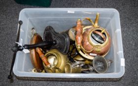 Box Of Mixed Metalware, To Include Salters 112Ib Spring Balance, Pan Scales, Candle Holders,