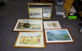 Selection of Framed Coloured Prints comprising modern woodland scene, Turnberry golfing print,