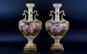 A Pair of Vienna Highly Decorated Vases with gilt trim,