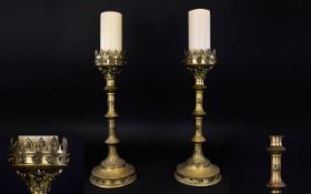 A Pair Of Brass Reproduction Pugin Style Candlesticks Ornate brass candle sticks with heavy