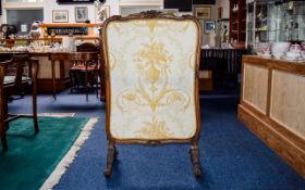 Reproduction Carved Fire Screen Vintage fire screen in ovoid form with central cream jacquard panel.