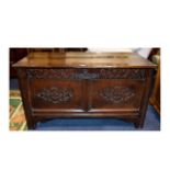 Charles II Oak Coffer/ Marriage Chest dated 1699. New hinges, of panelled form, old repairs. Good