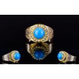 Antique Period High Ct Gold Turquoise and Seed Pearl Set Dress Ring. The Central Cabouchon Cut