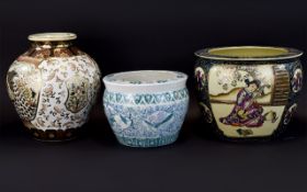 Three Various Oriental Pots Of Various Sizes.
