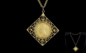 22ct Gold Full Sovereign Set Pendant with Attached Long Gold Chain.