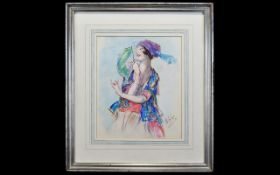 Framed Original Chalk Pastel 'Young Woman With Fan' By J Cheret Framed and mounted under glass,