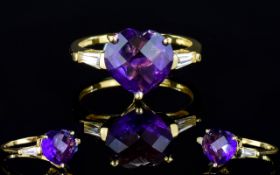 Amethyst Heart Cut and White Topaz Baguette Cut Ring, a solitaire heart cut deep purple amethyst