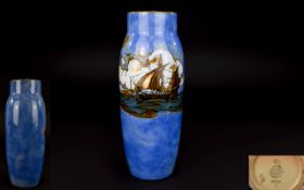 Royal Doulton Signed Sailing Ships Vase on Sky Blue Ground. c.1900.