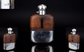 Antique Period Good Quality Silver Plated Hip Flask with Leather Clad Top. Maker John Dixon & Son.