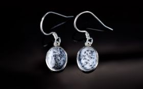 Dendritic Opal Pair of Drop Earrings, oval cut solitaires, bezel set in silver with shepherd's