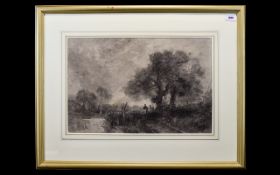 George Sheffield (1839-1892) Figures along a riverside track. Charcoal 12.75'' x 19.5''. Signed