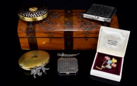 Wooden Jewellery Box In The Form Chest With A Collection Of Vintage Compacts And Costume Jewellery