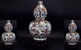 Chinese - Large and Impressive Antique Style Dragon and Phoenix Hand Painted Double Gourd Stoneware
