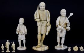 Japanese - Late 19th / Early 20th Century Carved Ivory Signed Figures ( 3 ) Three In Total.