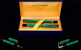 Waterman - Paris Ideal Apostrophe Marble Green Pen Set ( 2 ) with Gold Accents. Includes Fountain
