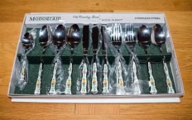 Royal Albert Old Country Roses Boxed Canteen of Cutlery 'Monogram' stainless steel.