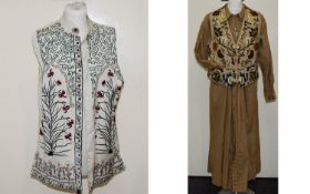 A Vintage Monsoon Cotton Maxi Dress And Two Embroidered Waistcoats 1980's long smocked cotton poplin