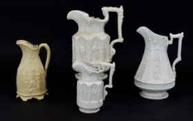 Four Various 19thC Moulded Ecclesiastical Theme Jugs including a large and a small version of a