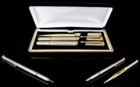 Modern Pen Set, Fountain & Ball Point Pen With Letter Opener, In Brushed Silver And Gilt.