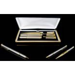 Modern Pen Set, Fountain & Ball Point Pen With Letter Opener, In Brushed Silver And Gilt.