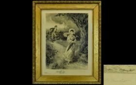 Antique Framed Print Of An Etching By W Boucher Pencil signed black and white print titled 'The