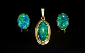 9ct Gold Opal Set Pendant with Matching Pair of Earrings. Marked 9ct - Please See Photo.