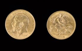 George V 22ct Gold Half Sovereign. Date 1914, London Mint. Good Grade.