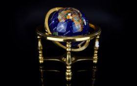 Mineral/Gemstone World Globe In Brass Frame,
