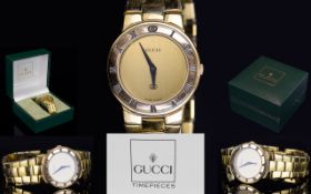 Gucci - Ladies 18ct Gold Plated Quartz Bracelet Watch, Buckle Type - Jewelers Clasp with Gucci Logo.