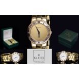 Gucci - Ladies 18ct Gold Plated Quartz Bracelet Watch, Buckle Type - Jewelers Clasp with Gucci Logo.