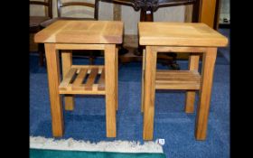 Two Solid Oak Side Tables with ladder shelf stretchers height 22.3 inches, width 15.7 inches x 15.