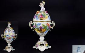 Dresden Early to Mid 20th Century Hand Painted Porcelain Twin Handle Egg Shaped Lidded Vase.