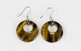 Tiger Eye Circular Hoop Drop Earrings, circles of tiger eye totalling over 50cts, with the