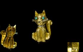 Ben Rosenfeld 18ct Yellow Gold 1960's Brooch In The Form Of A Whimsical Cat Set with turquoise