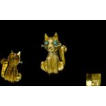 Ben Rosenfeld 18ct Yellow Gold 1960's Brooch In The Form Of A Whimsical Cat Set with turquoise